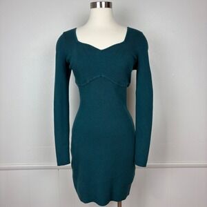 Abercrombie & Fitch Ribbed Sweater Mini Dress Size L Dark Green Bodycon Long Slv
